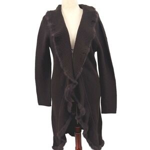 Dolce‎ Cabo Dark Chocolate Brown Ribbed Knit Fur Trim Waterfall Cardigan Sweater